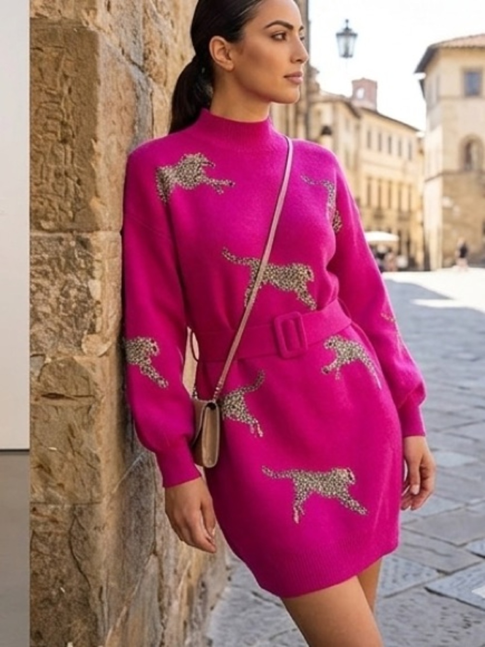 Blogger favorite Pink Leopard Print Dress wBelt Long Sleeve Knit Chic Cozy Style